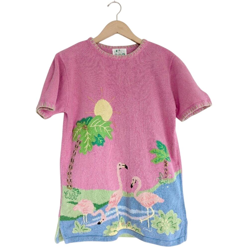 Quacker Factory Flamingo Tropical Novelty Embroidered Knit Top Pink Blue Small S